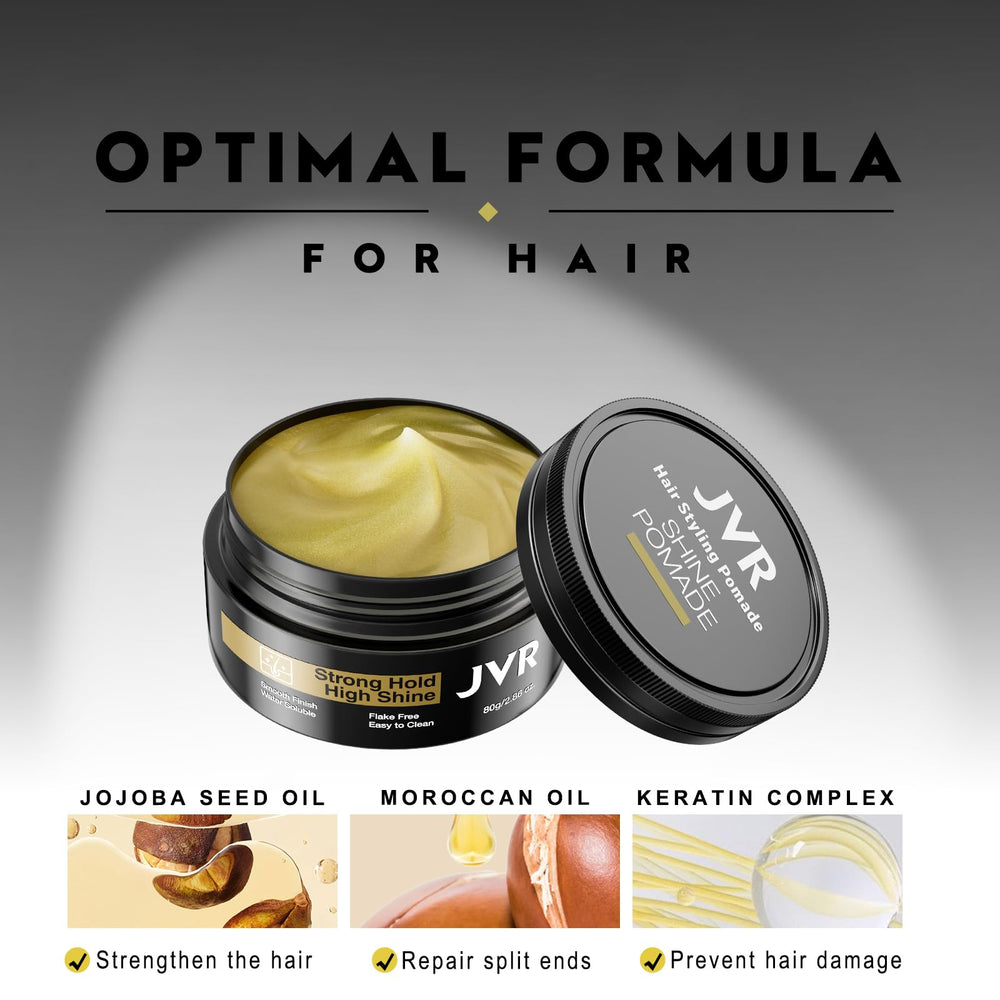 JVR pomade ingredients label highlighting keratin and jojoba benefits
