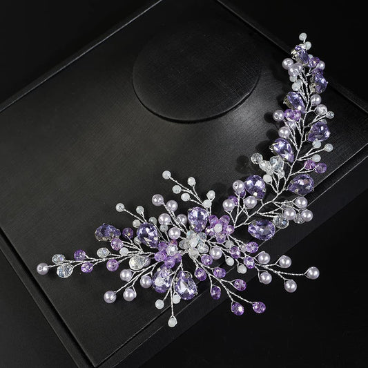 JWICOS front view of purple hair vine showing graceful design and bridal sparkle