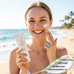JXMLTT tube open with sunscreen being dispensed, highlights quick-absorbing texture