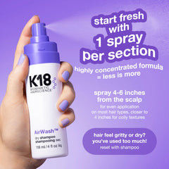 K18 AirWash label close-up highlighting odorBIND and scalp-friendly ingredients