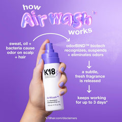 K18 AirWash sprayed into hair from hand showing quick root refresh