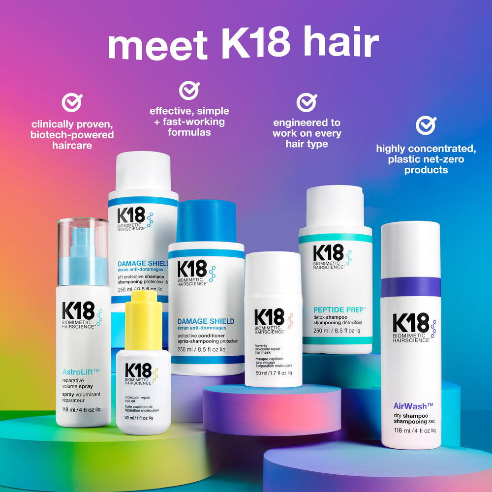 K18 bottle on bathroom counter in a styling routine showing everyday convenience