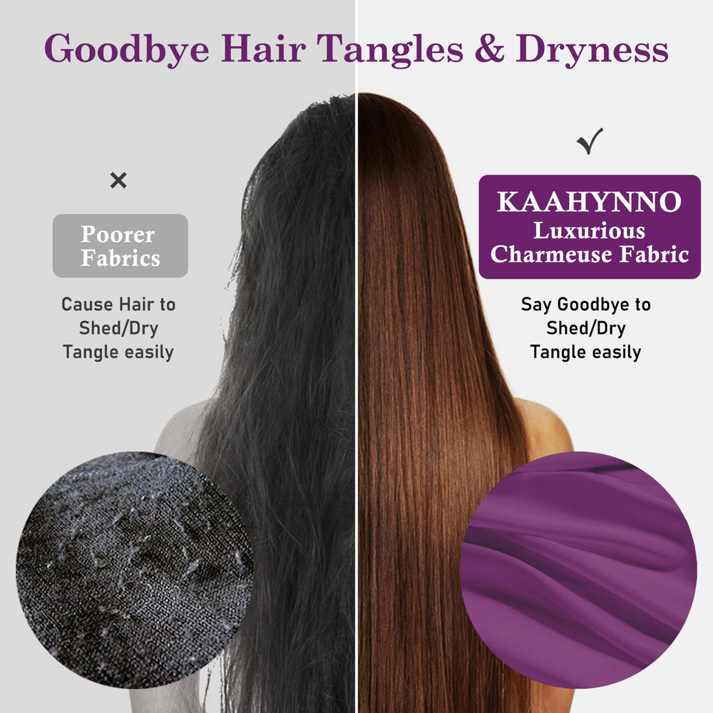 KAAHYNNO bonnet worn on long curly hair preserving curl shape and reducing frizz