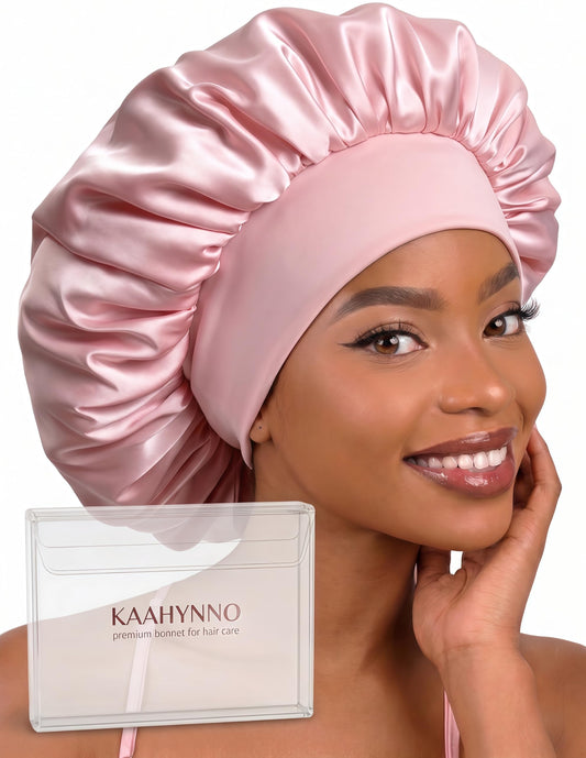 KAAHYNNO front view pink bonnet showing full coverage and stylish finish, protects hair overnight