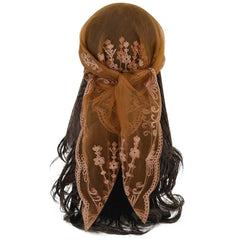 KABAKE front view of floral head scarf showing full length and lace design benefit stylish look