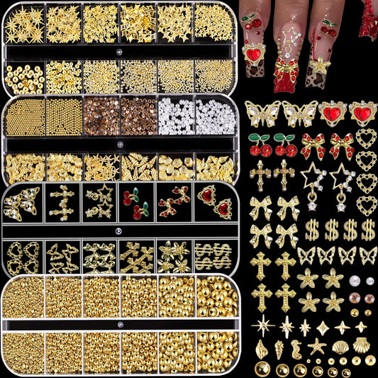 KACHIMOO front packaging showing four-box gold nail charms kit for versatile designs