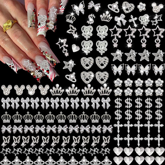 KACHIMOO front packaging showing 128-piece silver nail charms kit and variety benefit