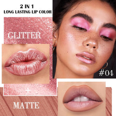 Kaely dual-ended closeup showing liner tip and metallic lipstick for precise application