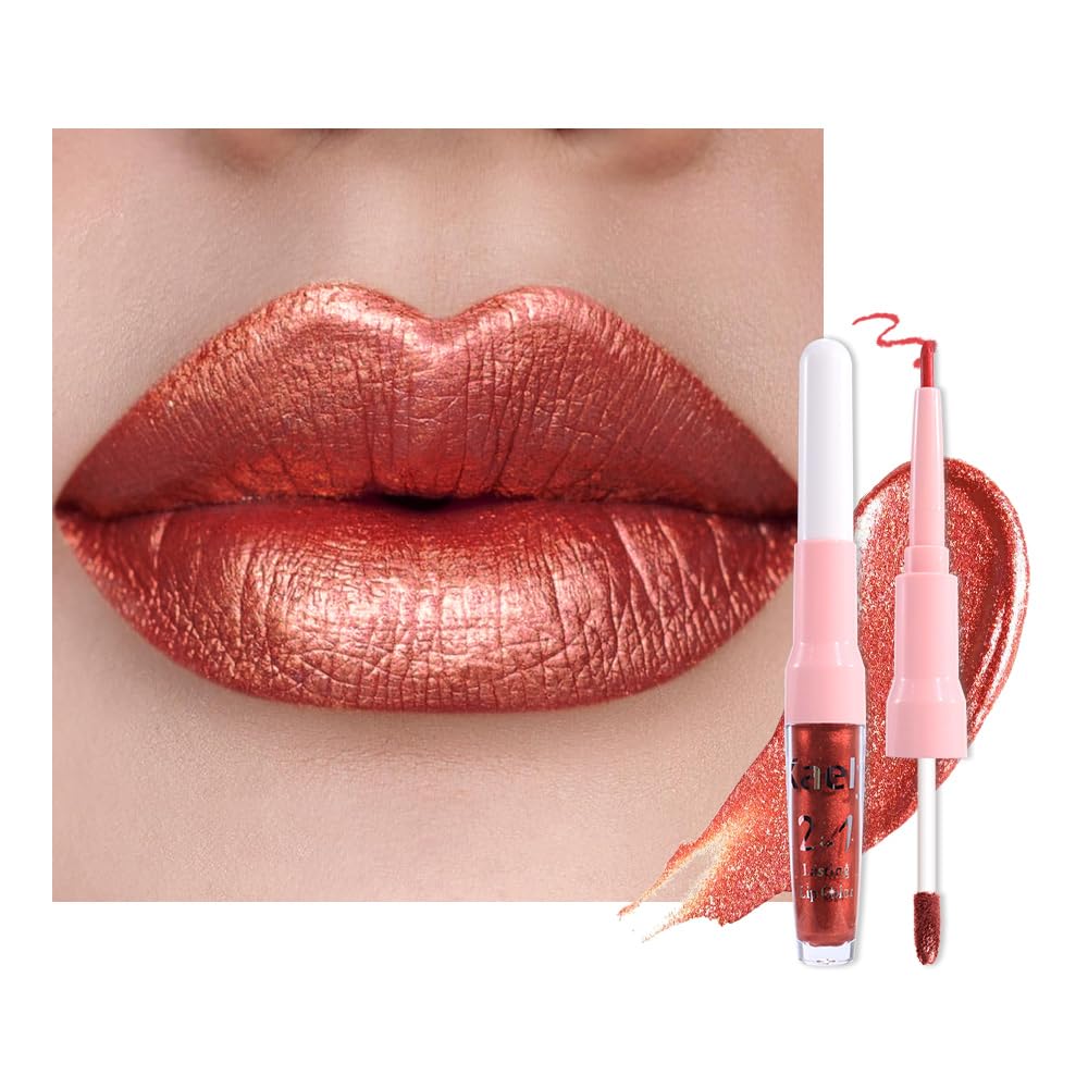 Kaely front packaging showing dual-ended metallic lipstick benefit: travel convenience