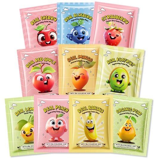 Kaely front packaging showing 10-pack fruit face masks and playful design for kids