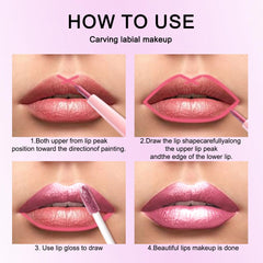 Kaely before and after lips demonstrating defined liner and luminous metallic effect