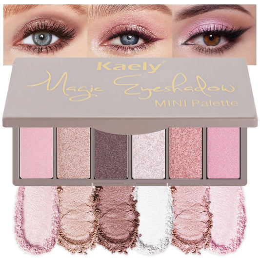Kaely mini palette front view showing six pink shades and compact design for travel