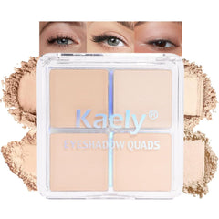 Kaely quad front packaging showing compact palette and shade layout for versatile looks