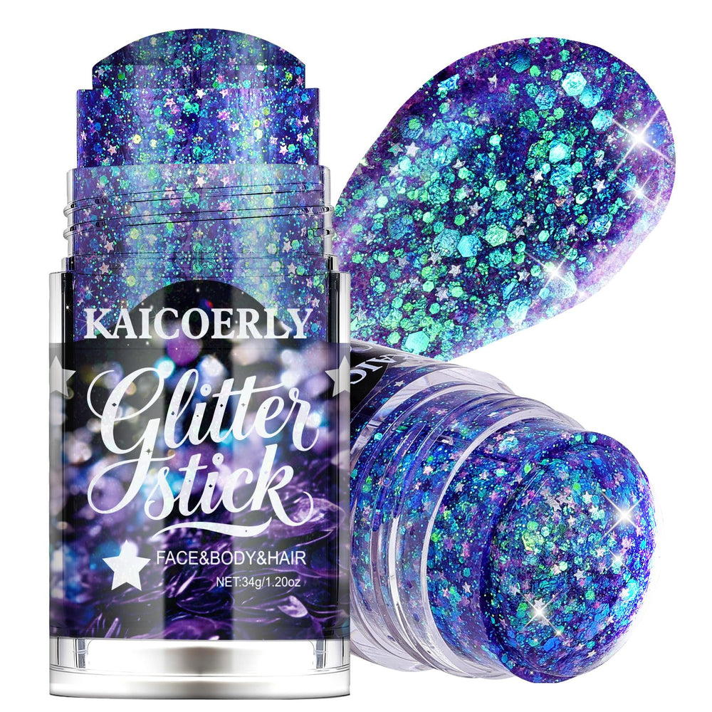KAICOERLY roll-on glitter stick front view showing compact applicator and purple shimmer for easy transport