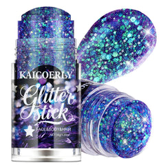 KAICOERLY roll-on glitter stick front view showing compact applicator and purple shimmer for easy transport