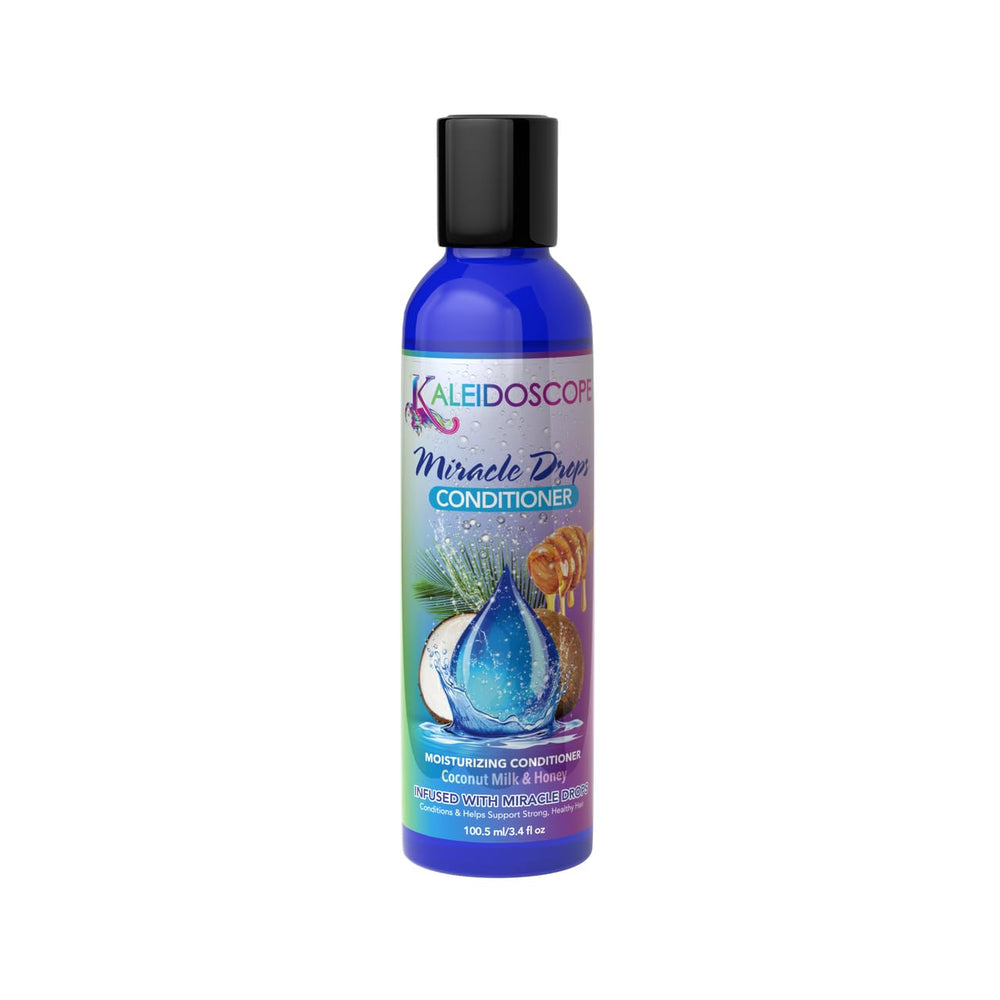 KALEIDOSCOPE MIRACLE DROPS conditioner front packaging shows travel-size bottle and easy-use benefit