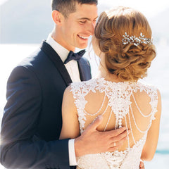 KALOLIA bride wearing pearl and crystal pins demonstrating elegant, coordinated look