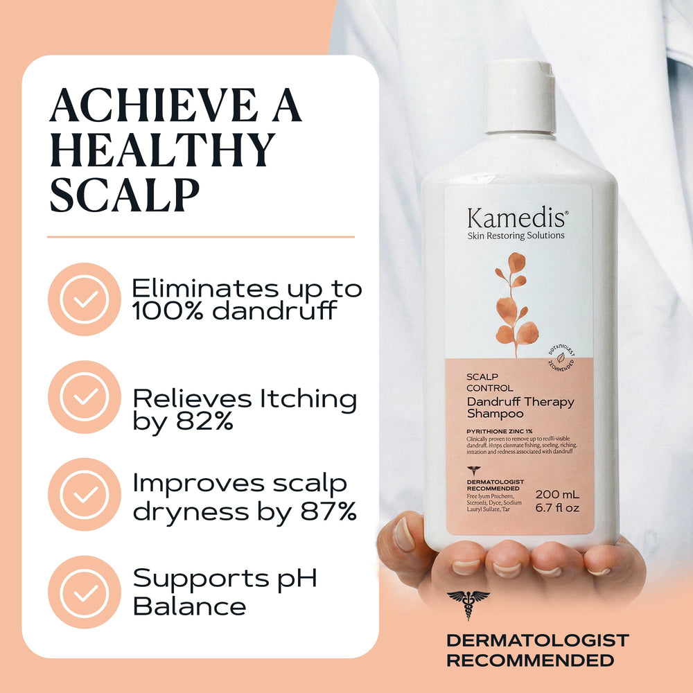 KAMEDIS bottle held in hand showing 6.7 fl oz scale and travel-friendly size