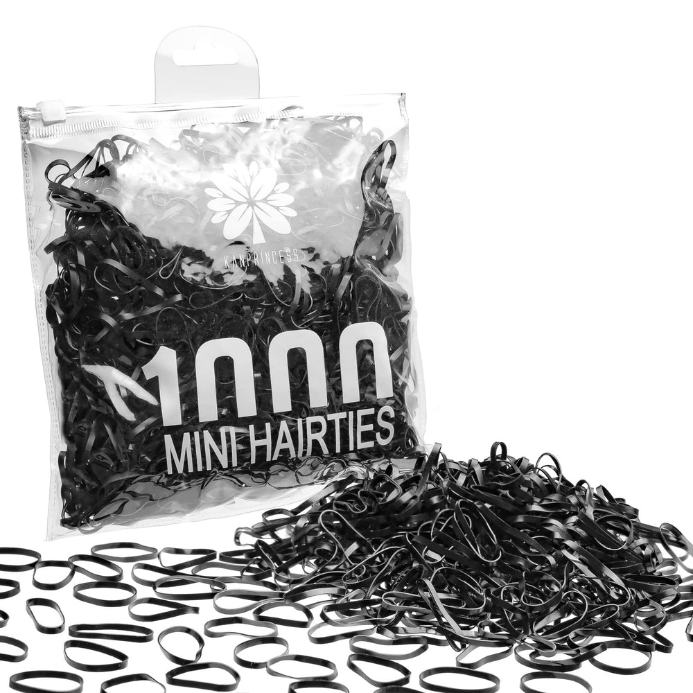 KANPRINCESS front packaging of 1000 black hair bands showing quantity and resealable bag benefit