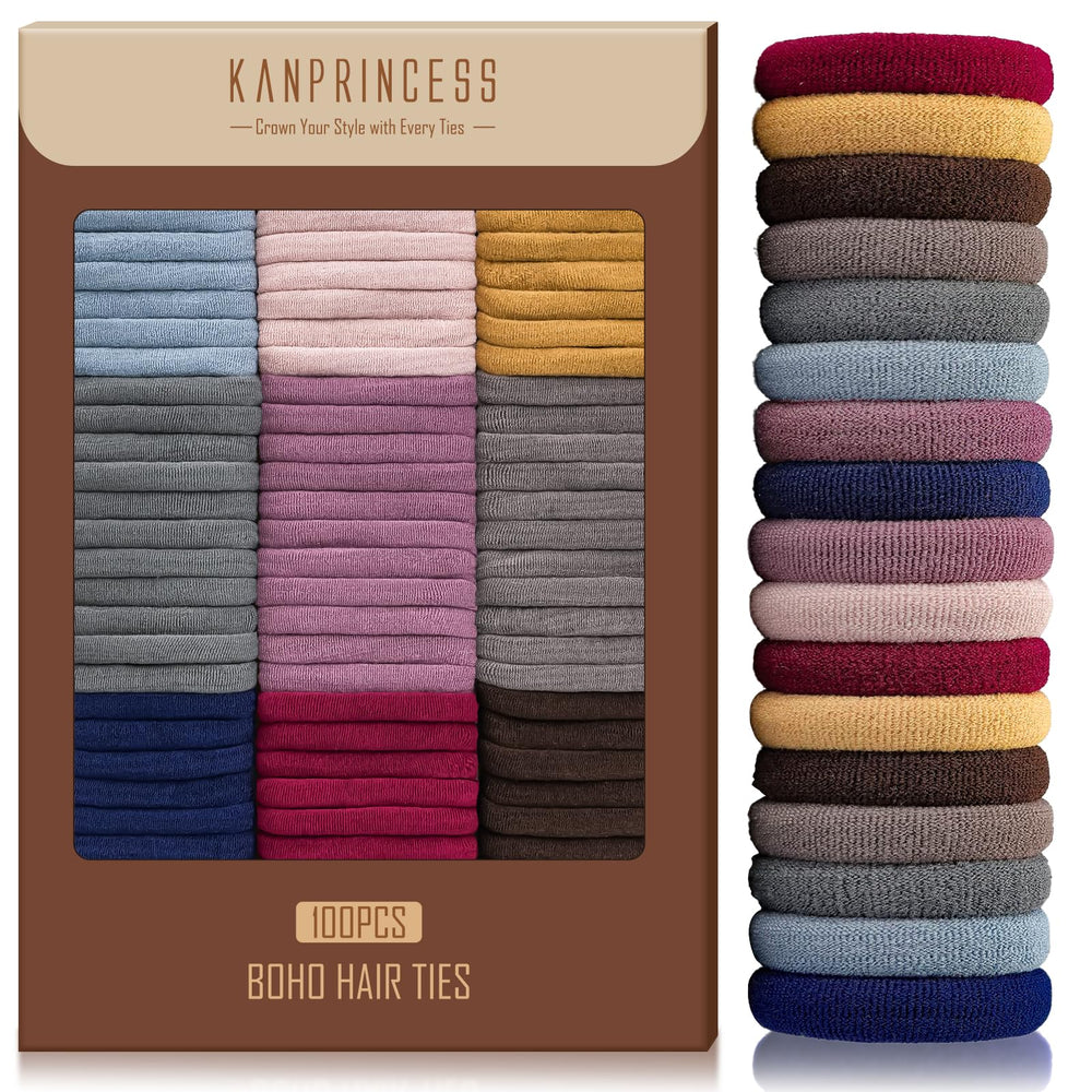 KANPRINCESS front packaging showing 100-piece colorful hair ties and benefits