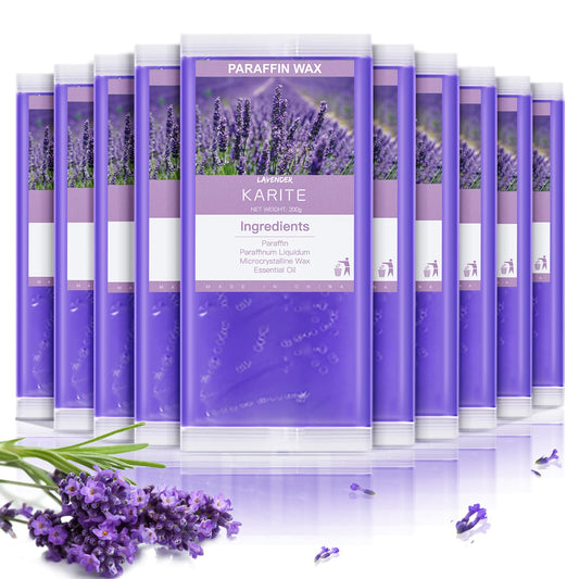 KARITE front packaging of 10-pack paraffin wax beads showing quantity and scent benefit
