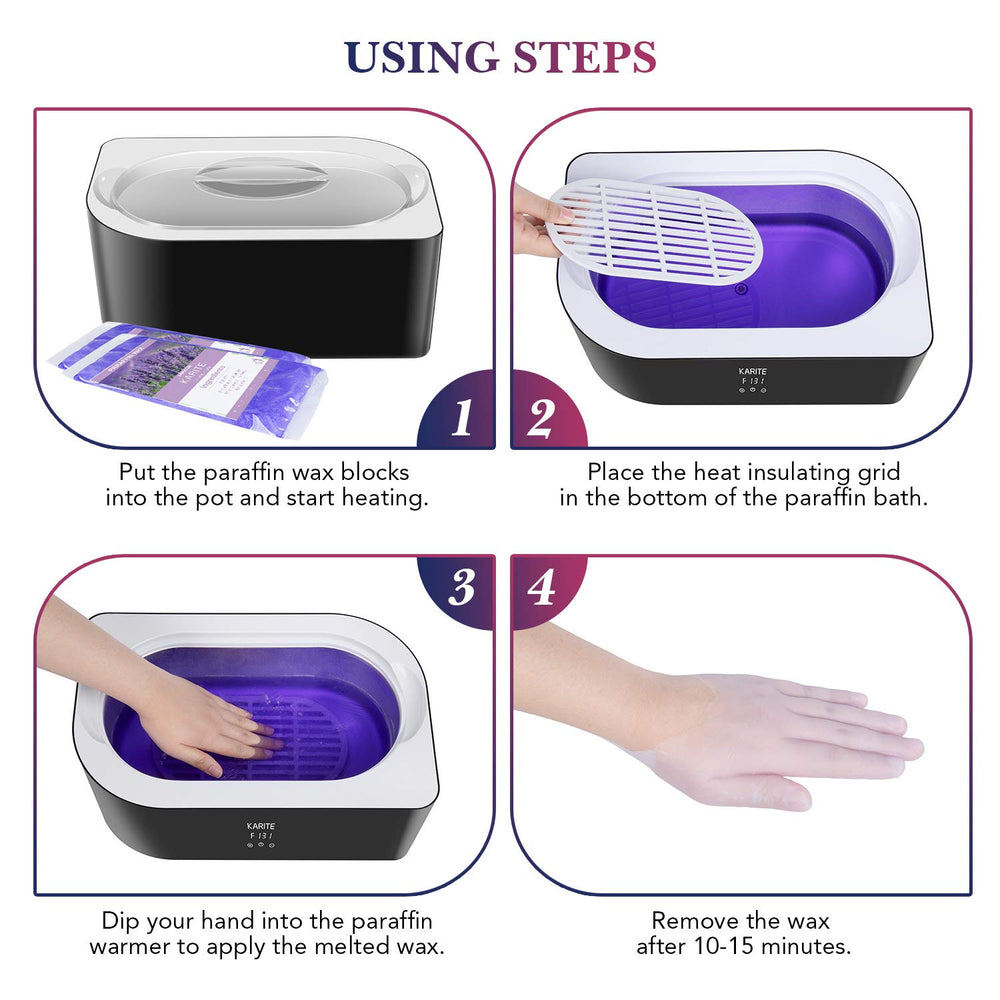 Karite hand immersed in warm paraffin wax providing soothing hydration benefit