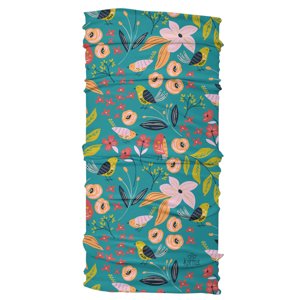 Karma bird headband pattern close-up highlighting printed detail and vibrant blue tones