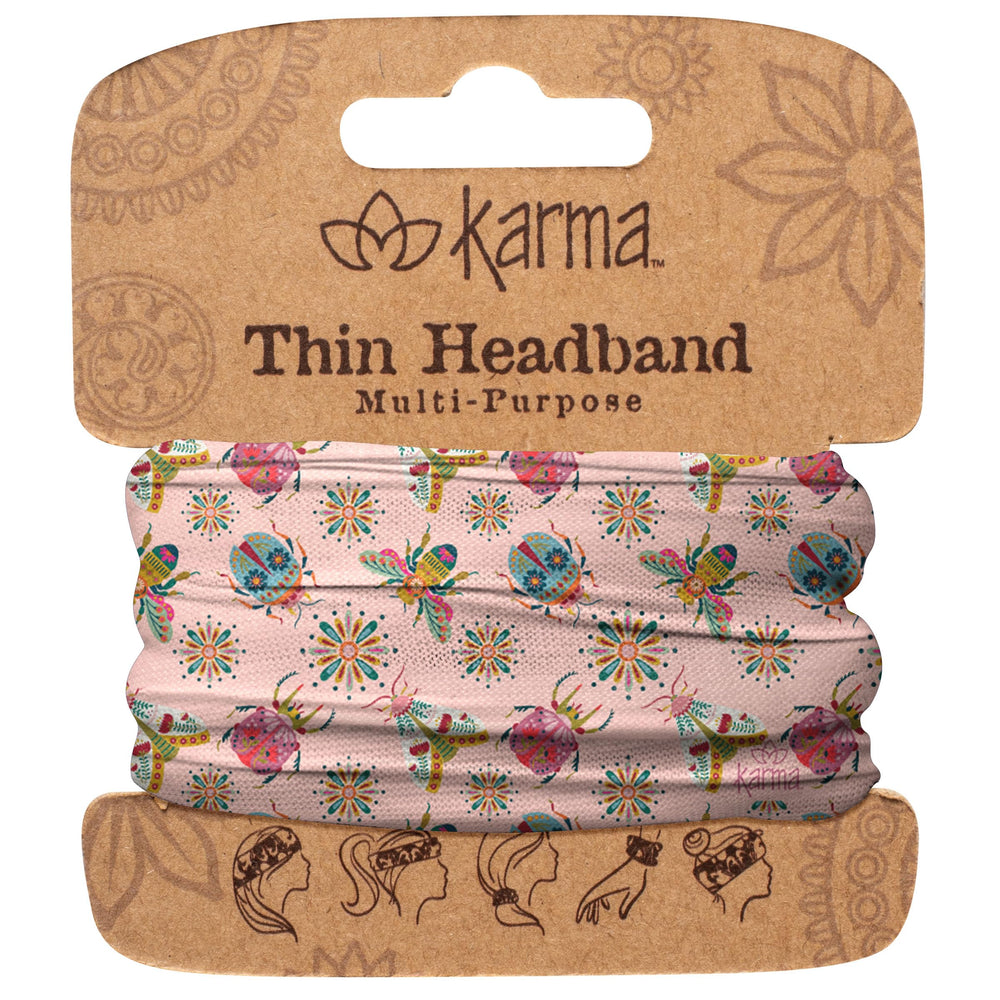 Karma thin headband front view showing pattern and snug fit, highlighting style