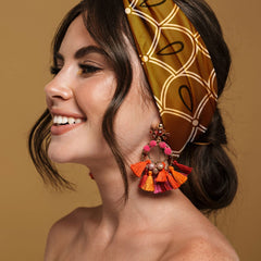 Karma galaxy headband worn during yoga demonstrating stay-put support benefit