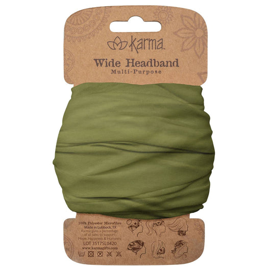 Karma olive headband front view showing wide shape and color benefit of polished look