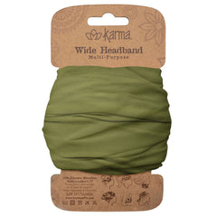 Karma olive headband front view showing wide shape and color benefit of polished look