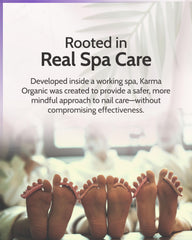 karma organic bottle next to cotton pad and polish, shows simple at-home removal routine
