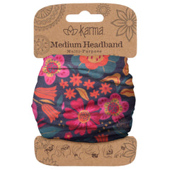 Karma retro floral headband front view showing purple pattern and secure fit