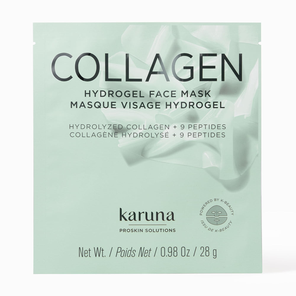 Karuna front-facing box showing collagen hydrogel face mask, promotes hydrated glow