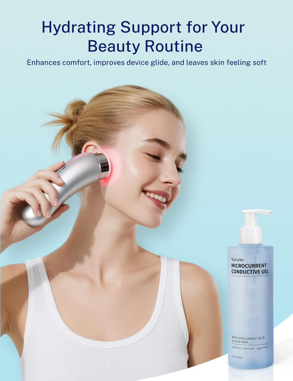 KARUNO gel applied while a microcurrent device glides for smoother treatments