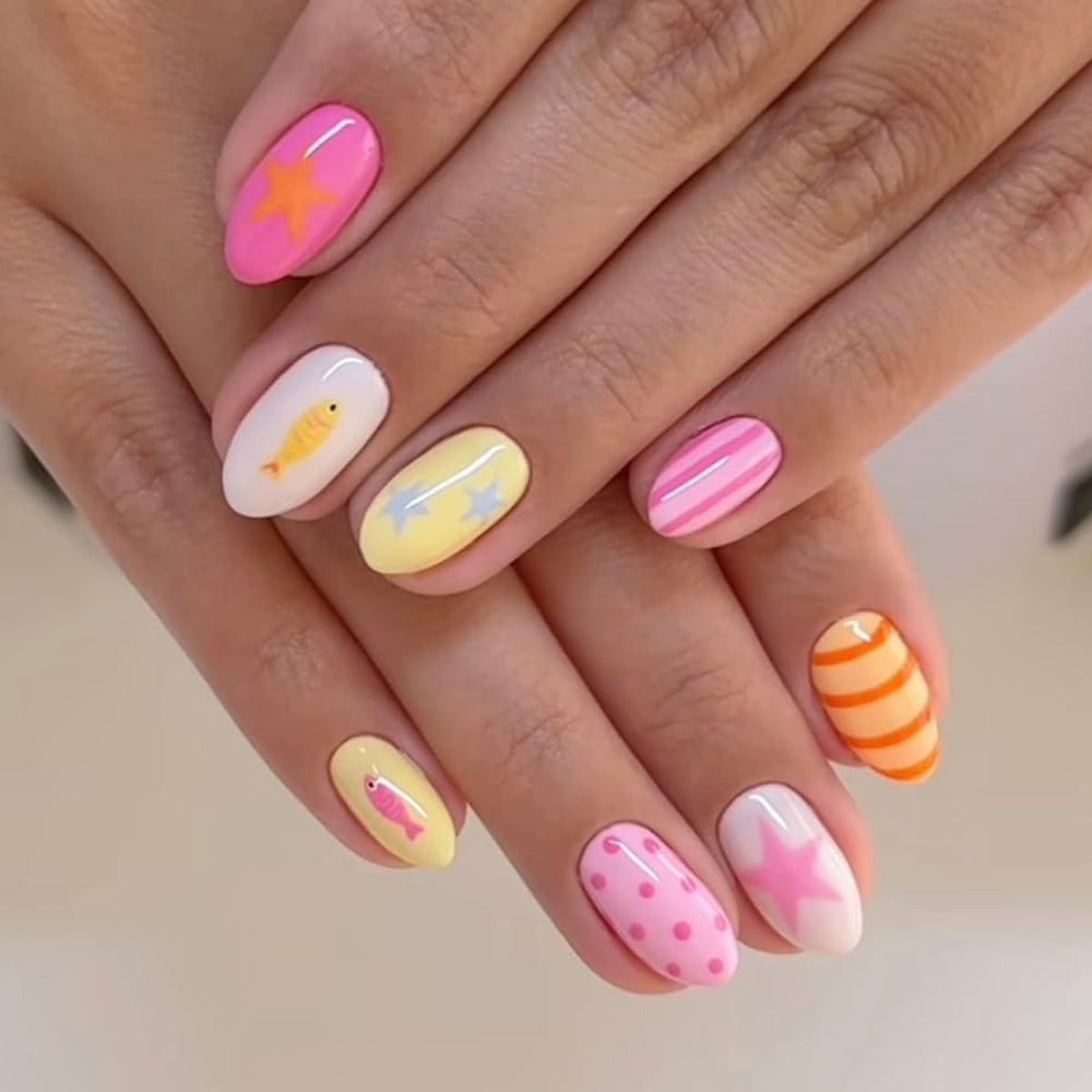 KASOICRA front packaging showing full 24-piece summer nail set and benefits