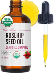 Kate Blanc Cosmetics bottle front showing pure rosehip oil, nourishing face hydration