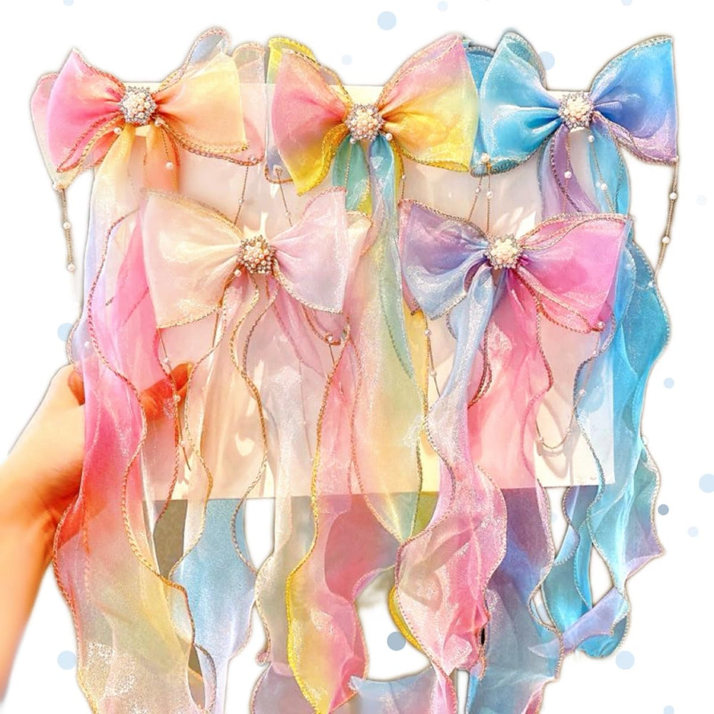 KaySJbay front display of five pastel tulle bow clips showing gift-ready set