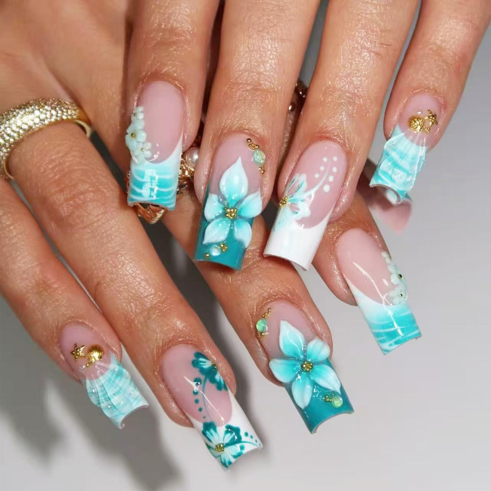 Kcjckcdd front packaging showing complete aqua press-on nail kit and benefits