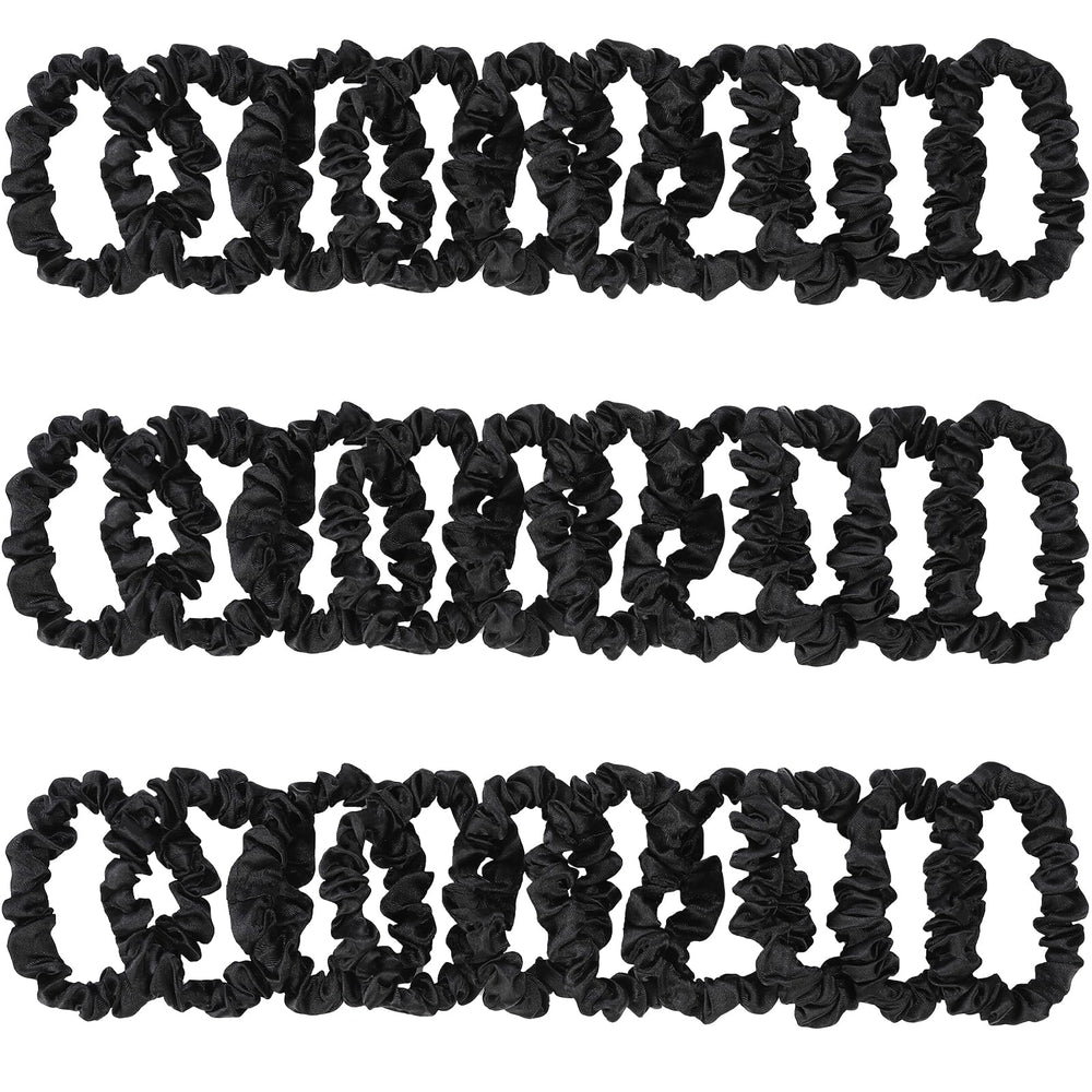 KECUCO front view of 30 black satin hair ties showing neat packaging and value