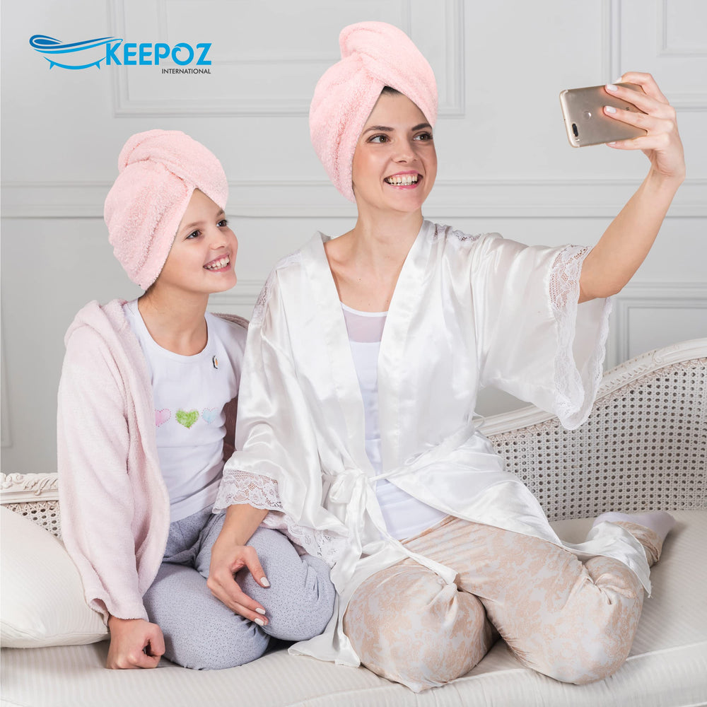 KEEPOZ turban displayed on a bathroom vanity illustrating at-home styling routine