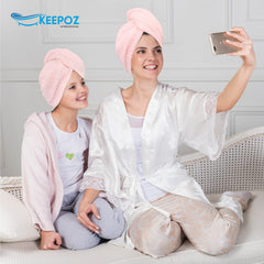 KEEPOZ turban displayed on a bathroom vanity illustrating at-home styling routine