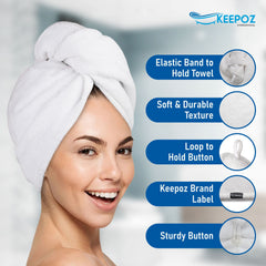 KEEPOZ model wearing turban in bathroom for hands-free drying convenience