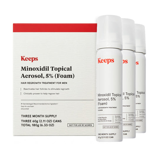 Keeps bottle front packaging showing 5% solution and three-bottle supply benefit