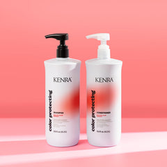 Kenra bottle label highlighting moringa leaf extract and color-care benefits on the package