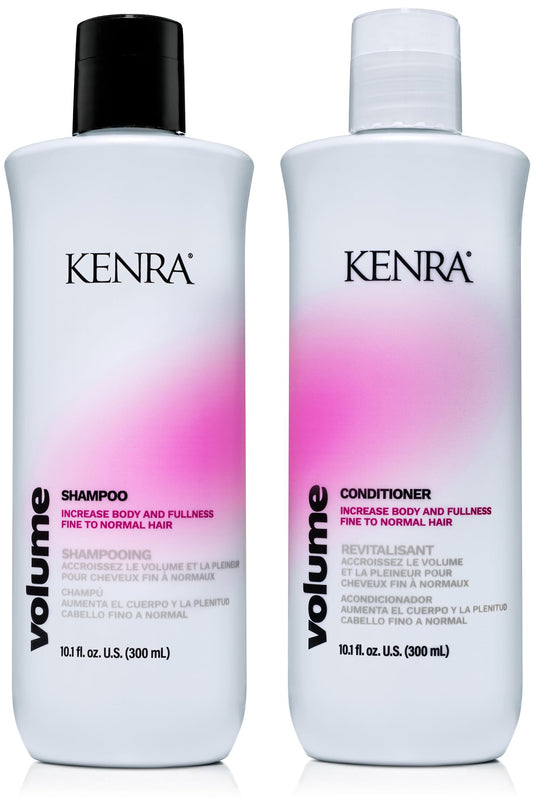 Kenra front packaging showing volume shampoo and conditioner for fuller hair