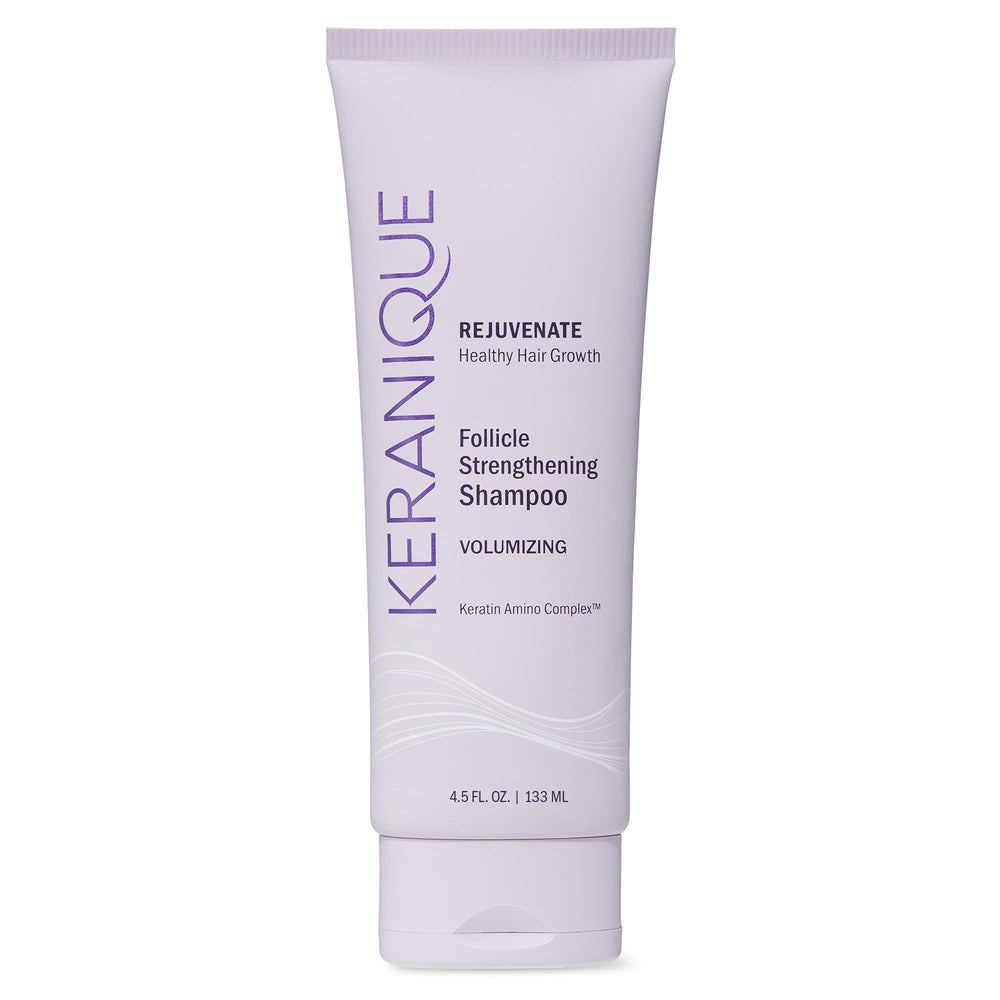 Keranique front bottle showing branding and product purpose for fuller hair