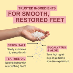 Kerasal soak dissolving in a basin with feet soaking to soothe and soften tired skin