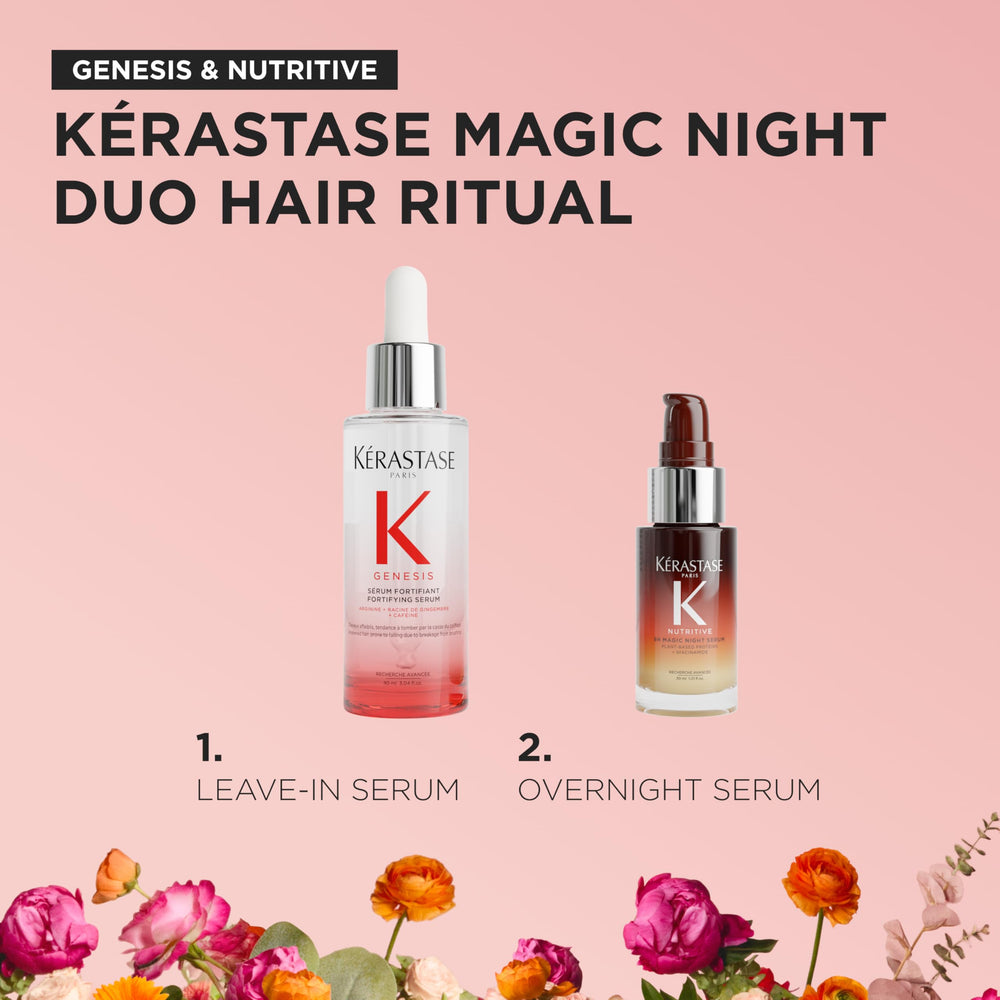 KÉRASTASE 8H Magic Night serum close-up showing leave-in formula for overnight hydration