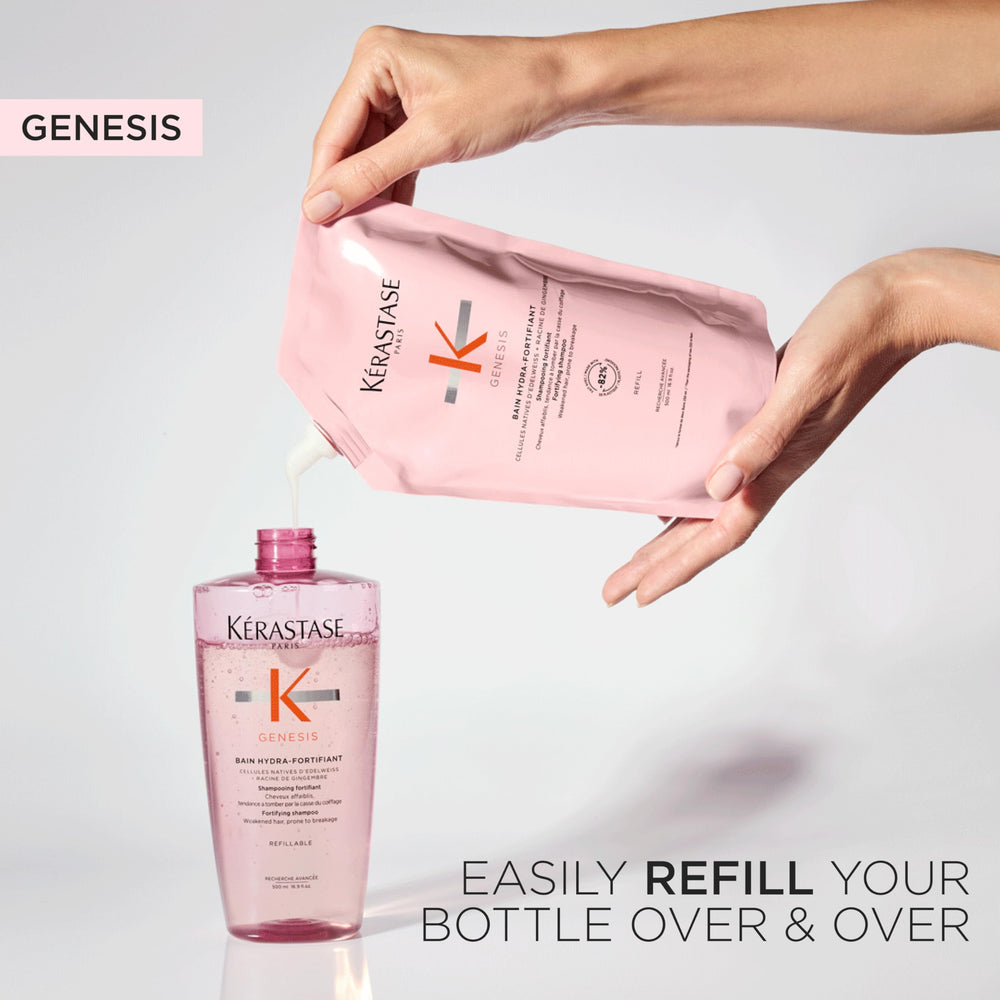 KÉRASTASE refill bottle emphasizing sustainable refill benefit for lower waste